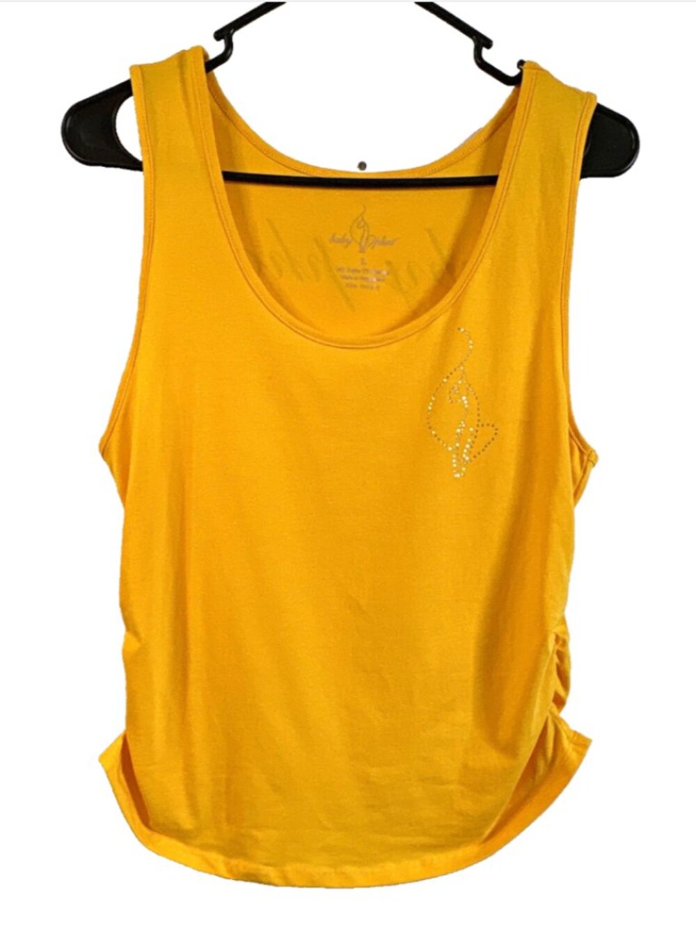 Y2K Baby Phat Yellow Ruched Rhinestone Logo Tank Top Scoop Neck Womenโs Size L